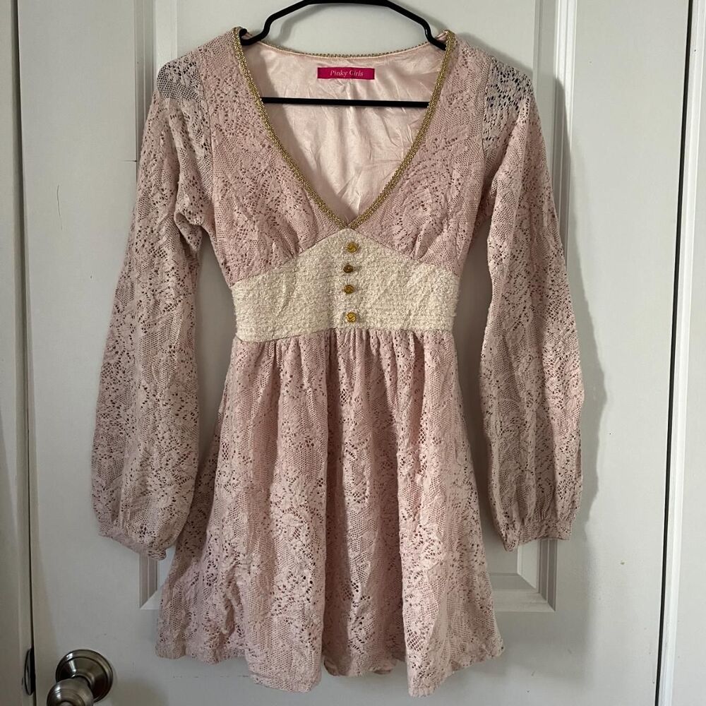 Y2K vintage Japanese brand Pinky Girls pink lace long sleeves babydoll top